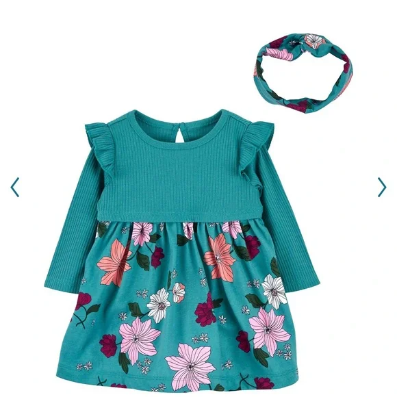 Carter's Baby Girls 2-Piece Floral Bodysuit Dress Set 12M Turquoise